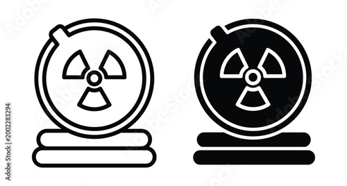 Radioactive waste barrel icon set with nuclear hazard symbol for toxic material storage container in outline and solid black style
