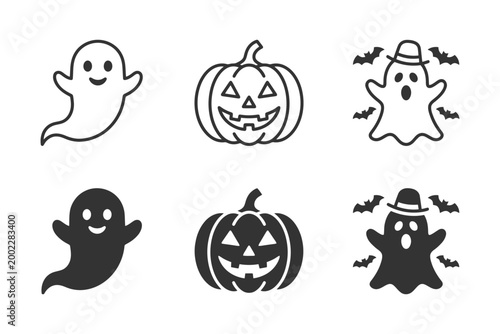 Cute halloween icons: ghosts and jack-o'-lanterns in black and white.