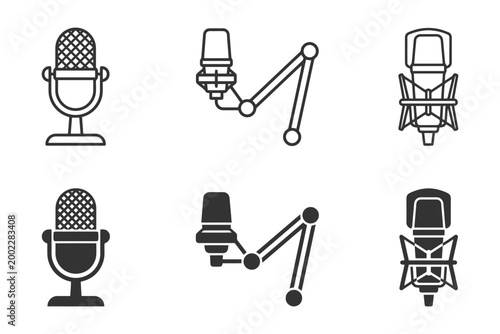 Collection of various microphone illustrations for audio recording setup.