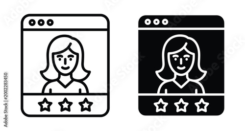 User profile rating icon set featuring female avatar in web browser window with three stars for testimonial and customer review