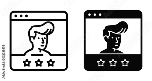 User profile rating icon set showing male avatar in web browser window with three stars for feedback and customer review