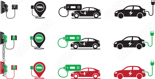 Electric vehicle charging station icons a silhouette collection for sustainable transportation
