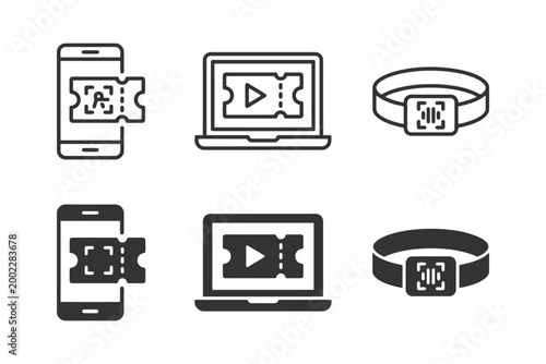 Digital tickets and qr codes on devices and wristbands in minimalist icons.