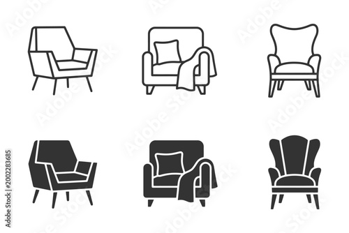 Set of modern armchair icons in various styles and designs.
