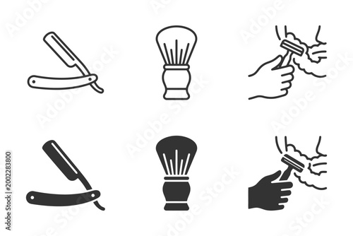 Classic shaving tools: straight razor, shaving brush, hand with razor line icons.