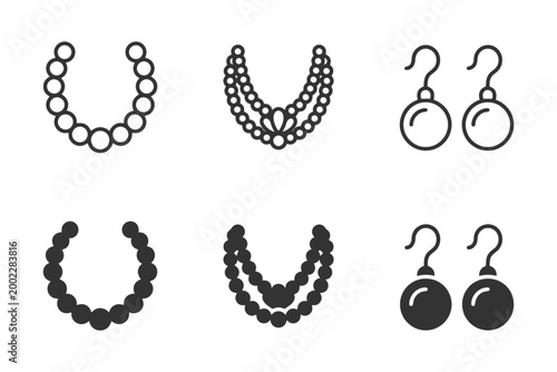Elegant jewelry icons featuring necklaces and earrings in black and white.