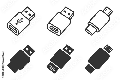 Set of usb, type-c, and micro usb adapter icons in outline and solid styles.