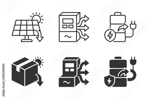 Renewable energy icons collection: solar, inverter, battery, grid connection systems.