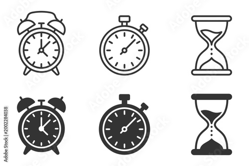 Clock icons: alarm, stopwatch, hourglass in black and white.
