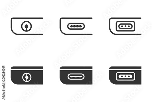 Minimalist icon set of various plug and socket types in black and white.