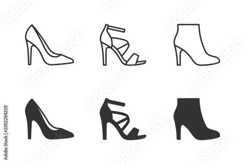 Women's high heel shoe icons: pumps, sandals, ankle boots - outline and solid styles.