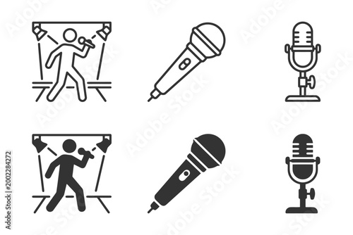 Microphone icons: performer silhouettes and microphone designs set.