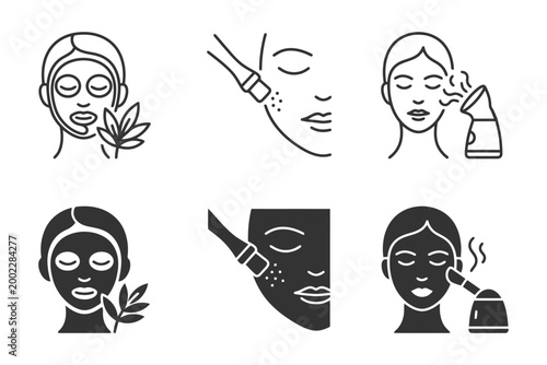 Skincare routine icons featuring facial treatment and spa elements.