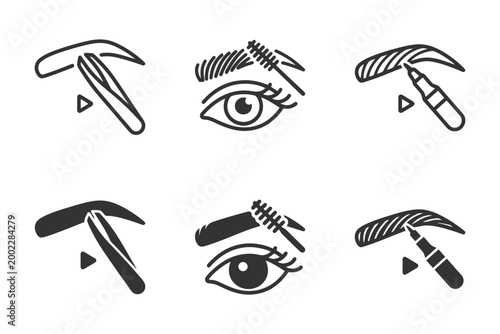 Eyebrow grooming icons: tweezers, brush, eye, pencil symbols for beauty tutorials.