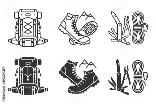 Outdoor adventure gear icons: backpack, boots, multi-tool, rope for hiking and climbing.