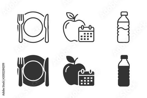 Healthy meal planning icons with plate, apple, calendar, and water bottle.