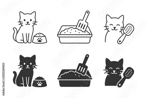 Cat care icons: feeding and litter box essentials in simple black and white.