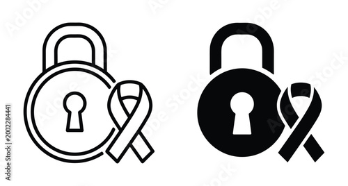 Padlock and awareness ribbon icon set representing health security medical data protection cancer research support patient privacy safety symbols and charity