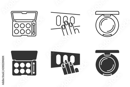 Makeup icons set featuring eyeshadow palette, nail polish, and compact powder.