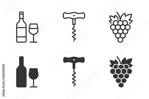 Wine bottle corkscrew grapes icon set - minimalist wine-themed illustrations.
