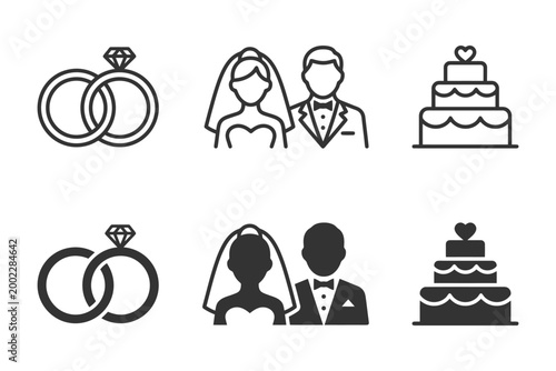 Wedding icon set: rings, bride and groom, cake illustrations.