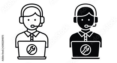 Technical support agent icon set showing male operator with headset using laptop computer for online customer service and maintenance repair work