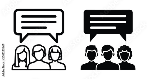Group of people with speech bubble icon set representing communication teamwork discussion feedback social media interaction community chat and conversation