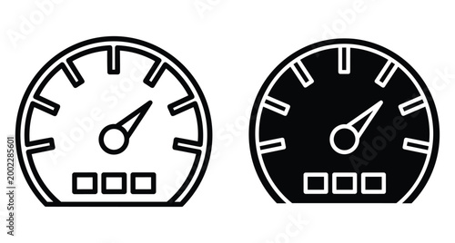 Speedometer icon set showing car dashboard gauge with needle indicating velocity and performance for automotive transportation and vehicle speed measurement