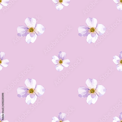 Seamless botanical pattern with small white watercolor flowers. Watercolor illustration on a pink background. For textiles, wallpaper, stationery, wrapping paper and premium packaging.