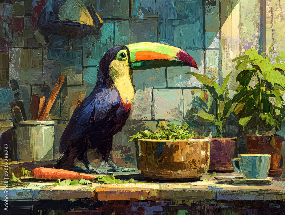 Fototapeta premium Colorful Toucan in a Kitchen Setting with Plants
