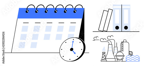 Business planning, productivity, scheduling, organization, industrial services, project timelines. A calendar, clock factory and folders are featured. Productivity and scheduling concepts