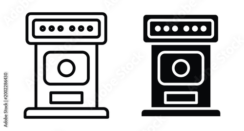 Slot machine icon set featuring outline and solid silhouette styles for gambling casino arcade gaming kiosk interface design and web applications