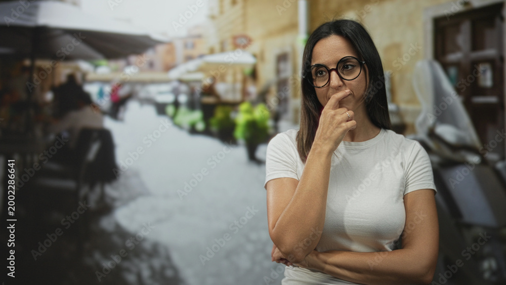 Fototapeta premium Woman in white tshirt with hand on chin and glasses, arms crossed, standing on a street beside cafe tables and scooter; thoughtful reflection.