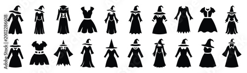 Collection of  witch dress silhouette design element art. Happy Halloween Vector  silhouette icons.
