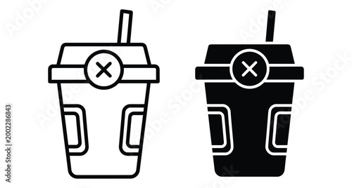 Disposable coffee cup icon set with straw and lid featuring cross mark symbol for no drinks allowed or restricted beverage access