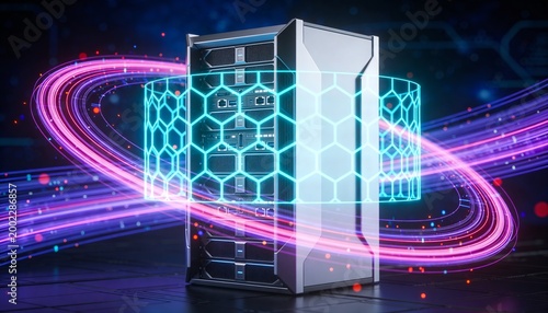 Futuristic minimalist 3D render of a bright server rack shielded by glowing firewall energy barrier, floating data stream ribbons in dark space, vibrant digital colors, no text or branding