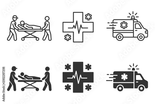 Emergency medical icons: paramedics, ambulance, medical cross, stretcher symbols.