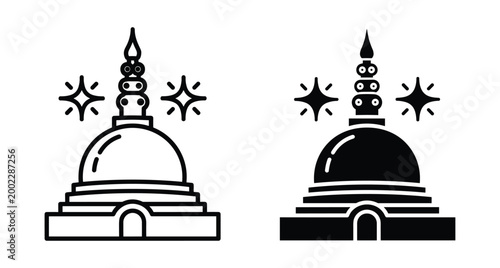 Buddhist stupa pagoda icon set with line and solid silhouette styles featuring spiritual temple architecture and decorative sparkle elements