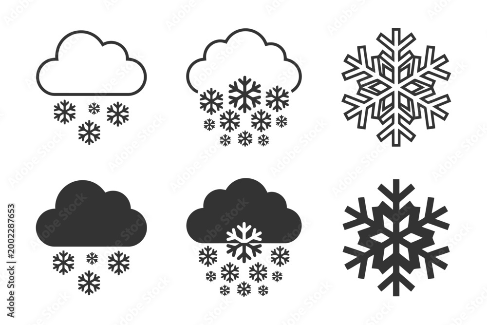 Obraz premium Snowflake cloud icons set: winter weather symbols and snowfall emblems.