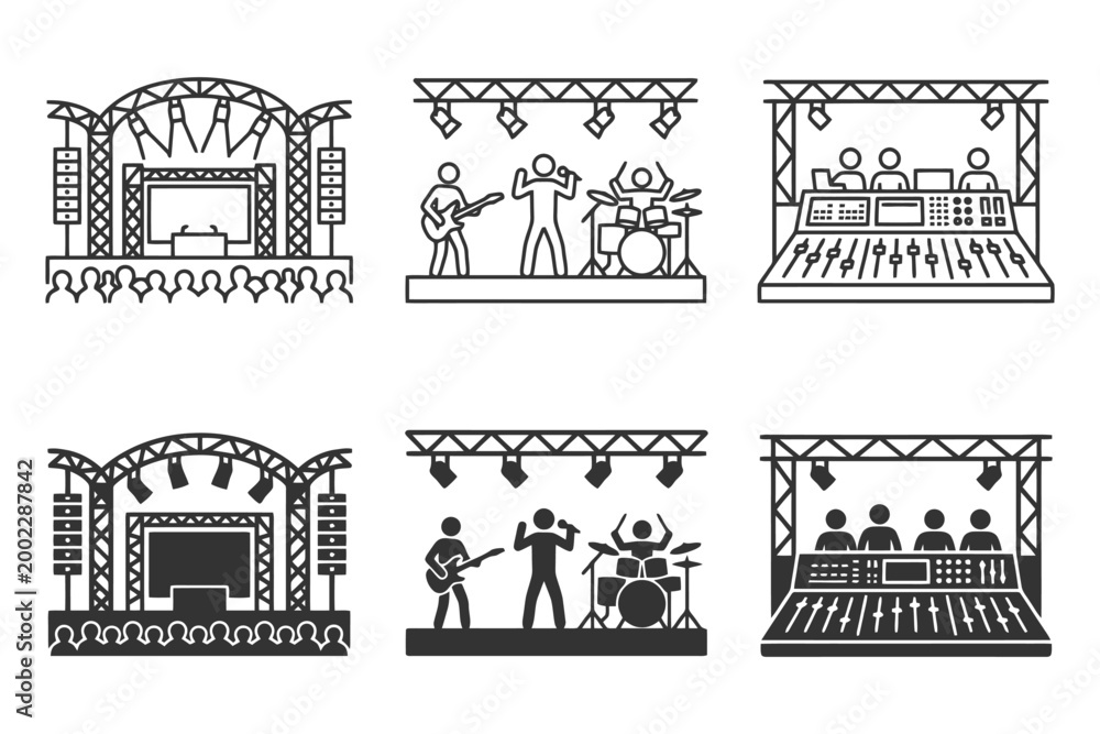 Fototapeta premium Concert stage icons: band performances and sound mixing equipment line art.