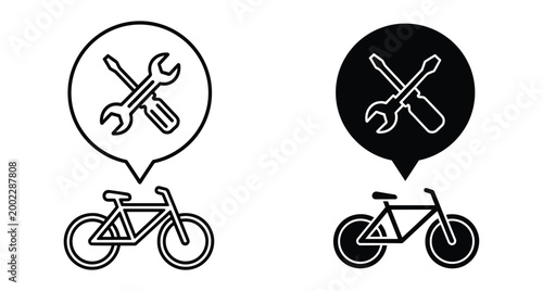 Bicycle repair service icon set featuring bike with wrench and screwdriver tools in speech bubble for maintenance workshop location symbol