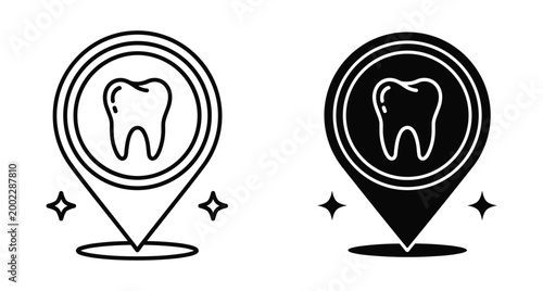 Dental clinic location pin icon set with tooth symbol inside map pointer for dentist office navigation and oral health care services
