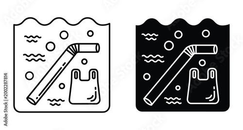 plastic pollution icons showing straw and bag floating in ocean water with bubbles and waves for environmental awareness and conservation