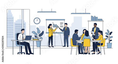 A modern office scene with coworkers collaborating and working at desks