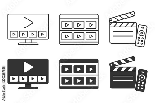 Video streaming interface icons set with clapperboard and remote controls.