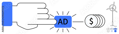 Online advertising, renewable energy, financial revenue, digital marketing, profitability, green economy. A hand clicks on an ad generating money, with a wind turbine icon. Online advertising