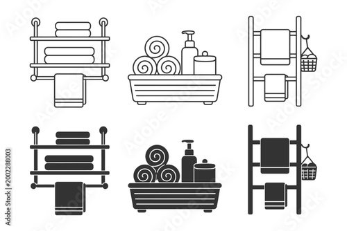 Bathroom towel rack and accessory icons with shelves and baskets.