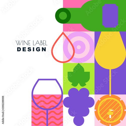 Wine label vector design. Abstract geometric illustration with wine bottle, glasses, grapes and barrel for winery brand