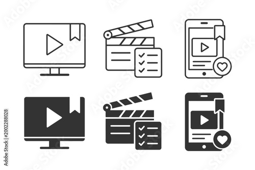 Media streaming and production icons with monitor, clapperboard, and smartphone.