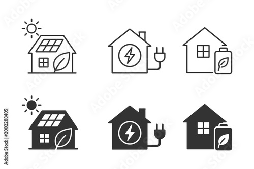 Renewable energy symbols: solar panels, charging, sustainable homes.